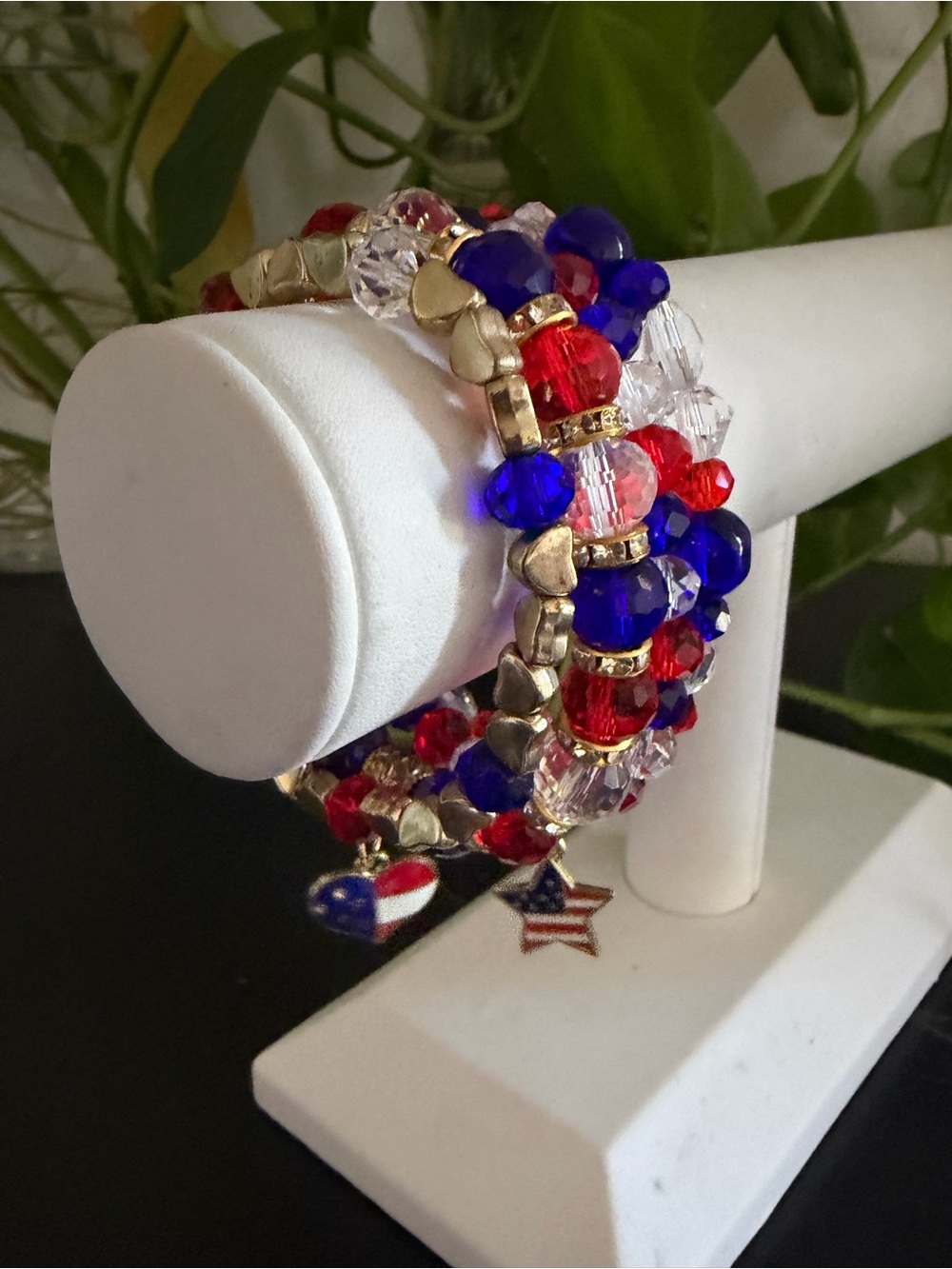Vintage Red Blue Crystal Multi-Strand Bracelet Gold Accents American Flag